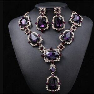 Luxury Amethyst-Style Rhinestone Bridal Jewelry Set Oversized Geometric Crystal